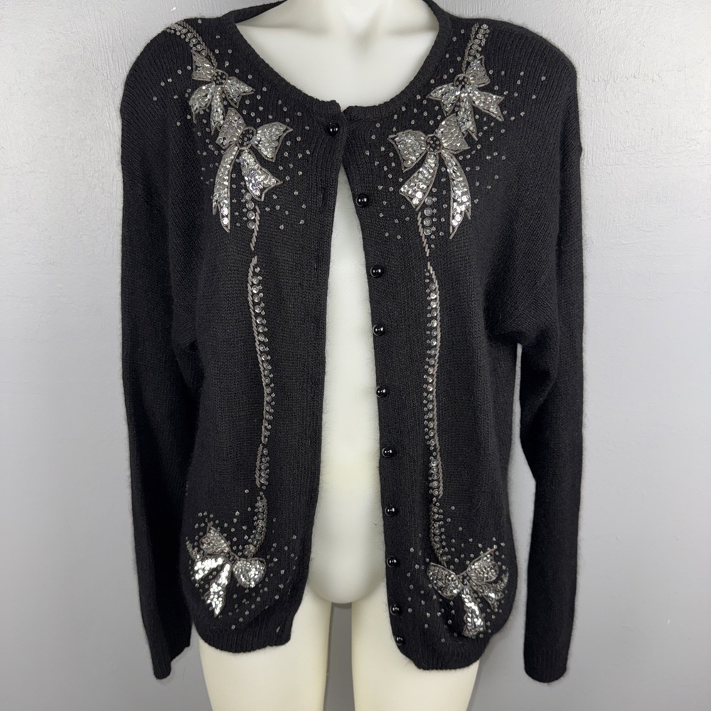 Dana Scott Vtg Sweater Cardigan M Black Beaded Sequin Bows Silk Blend